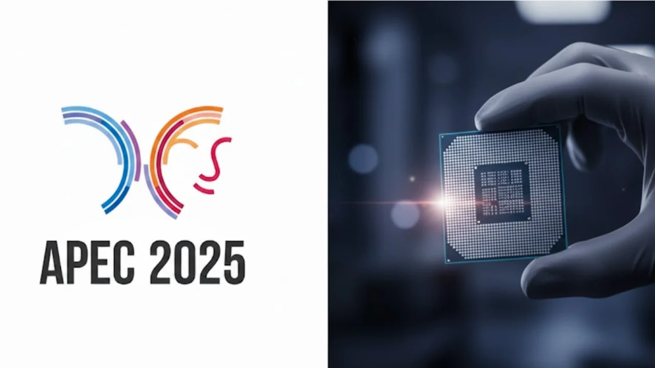 왼쪽에는 APEC 2025 로고가, 오른쪽에는 반도체 칩을 장갑 낀 손이 들고 있는 이미지가 배치되어 있다. 기술 혁신과 국제 협력을 상징하는 구도이다.