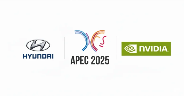 현대자동차(Hyundai), APEC 2025, 엔비디아(NVIDIA) 로고가 좌우로 배치된 이미지. 중앙에는 APEC 2025 로고가 있으며, 흰색 배경 위에 세 기업의 협력을 상징하는 구성이 표현되어 있다.