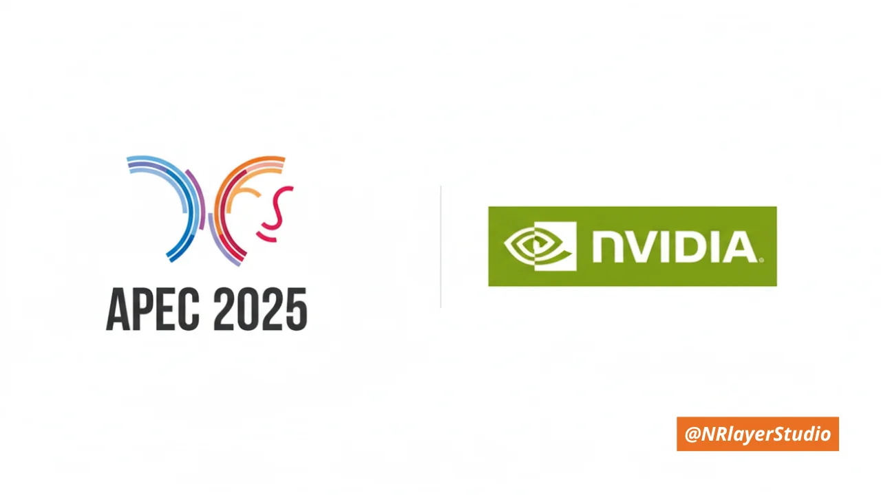 APEC 2025 공식 로고와 엔비디아(NVIDIA) 로고가 나란히 배치된 이미지. 하단 오른쪽에는 @NRlayerStudio 표시가 있다.