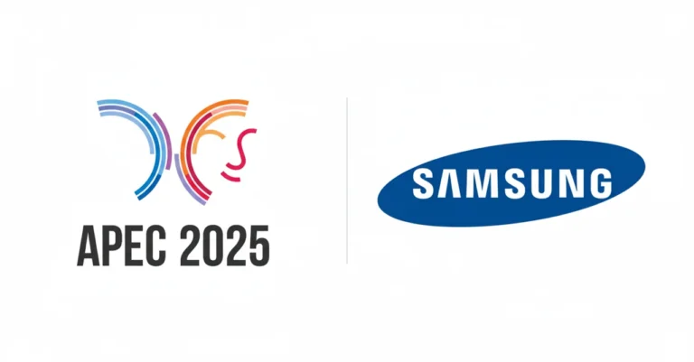 APEC 2025 로고와 삼성(Samsung) 로고가 나란히 배치된 이미지. 흰색 배경에 중앙에는 APEC 2025, 오른쪽에는 파란색 타원형의 삼성 로고가 있다.