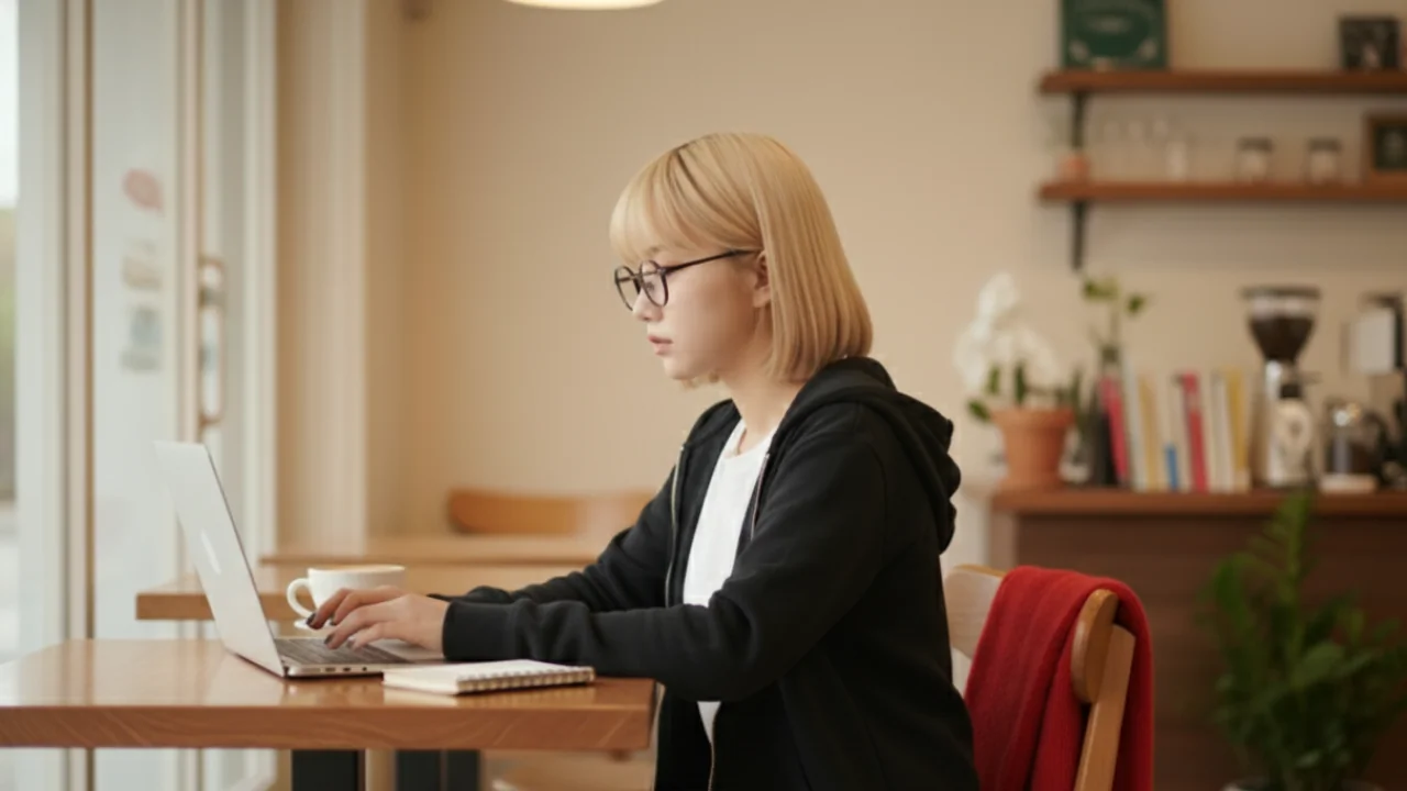 카페의 창가 자리에서 노트북으로 작업 중인 단발머리 금발 여성의 모습으로, 따뜻한 분위기의 공간에서 집중하며 일하는 장면.