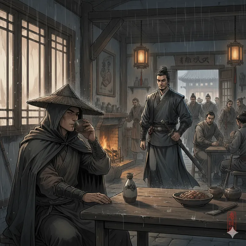 A scene where a reclusive swordsman drinking in a rainy inn faces off against a warrior in tense confrontation
