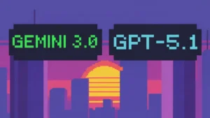 픽셀아트 도시 배경 위에서 GEMINI 3.0과 GPT-5.1 텍스트가 양쪽에 배치된 성능 비교 콘셉트 이미지