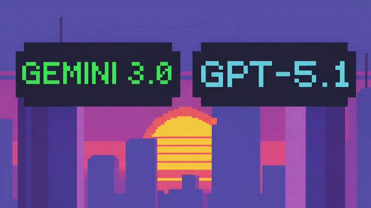 픽셀아트 도시 배경 위에서 GEMINI 3.0과 GPT-5.1 텍스트가 양쪽에 배치된 성능 비교 콘셉트 이미지