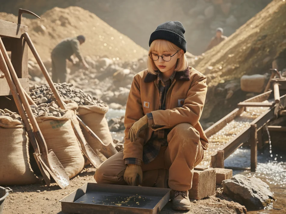 금광 현장에서 모래를 체에 거르는 작업을 하는 모습으로, 집중하며 금을 선별하는 장면.