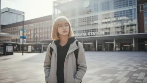 하카타역 앞 넓은 광장에서 금발 단발머리와 안경을 쓴 여성이 밝은 햇빛 아래 서 있는 장면
