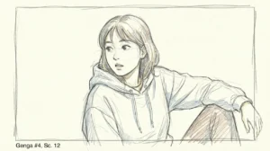 후드티를 입은 여성이 옆을 바라보며 앉아 있는 연필 스케치 스타일의 일러스트 장면