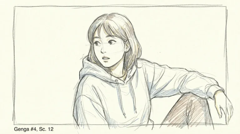 후드티를 입은 여성이 옆을 바라보며 앉아 있는 연필 스케치 스타일의 일러스트 장면