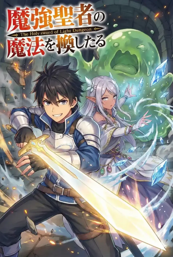 異世界ファンタジーのダンジョンで、光の剣を振るう剣士が前で戦い、後ろでエルフの女性魔法使いが氷魔法を展開しているラノベ風表紙イラスト
