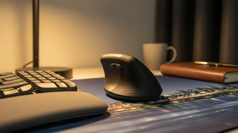 나노바나나로 생성한 로지텍 리프트 마우스를 활용한 데스크테리어 콘셉트 이미지, 따뜻한 조명 아래 인체공학적 작업 환경을 표현.