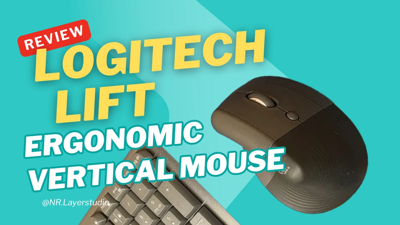 Logitech Lift 인체공학 버티컬 마우스 리뷰를 소개하는 썸네일 디자인, 제품 이미지와 키보드가 함께 배치된 밝은 컬러 구성