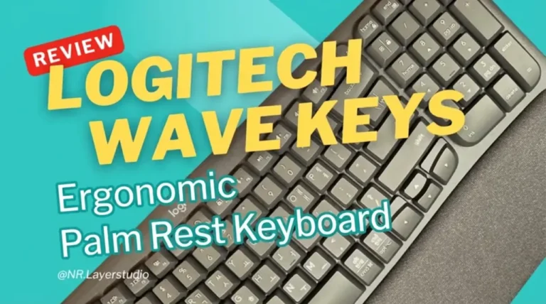 Thumbnail image introducing a review of the Logitech Wave Key Ergonomic Keyboard. The keyboard and key phrases are placed against a bright background.