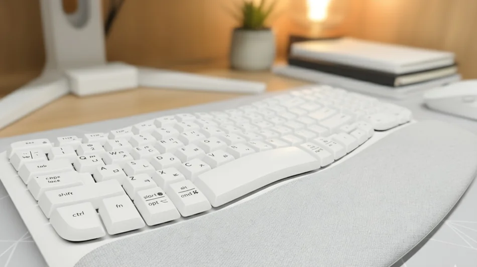 화이트 색상의 로지텍 웨이브 키즈(Logitech Wave Keys) 키보드가 데스크 위에 놓여 있는 모습. Nanobanana로 생성된 이미지로, 밝고 깔끔한 데스크테리어 분위기를 표현했다.