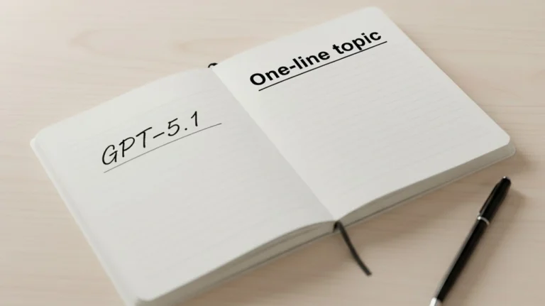 나무 책상 위에 펼쳐진 노트에 GPT-5.1과 One line topic이 적혀 있고, 옆에 검은 펜이 놓인 장면