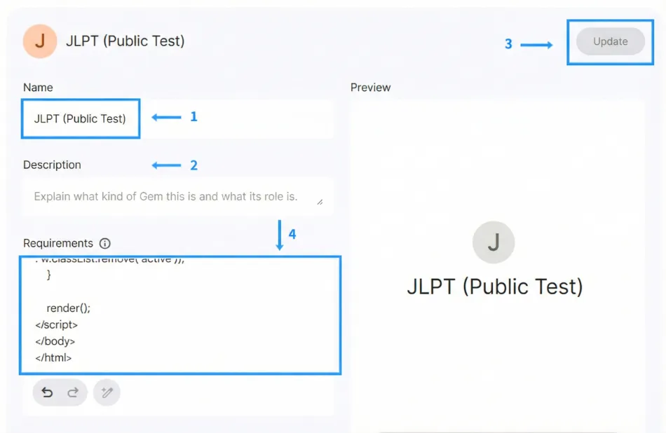 Screenshot showing Gemini Gem editing screen with JLPT (Public Test) example, marking 1) Name field, 2) Description field, 3) Top right Update button, 4) Requirements code/text input area with blue boxes and numbered arrows.