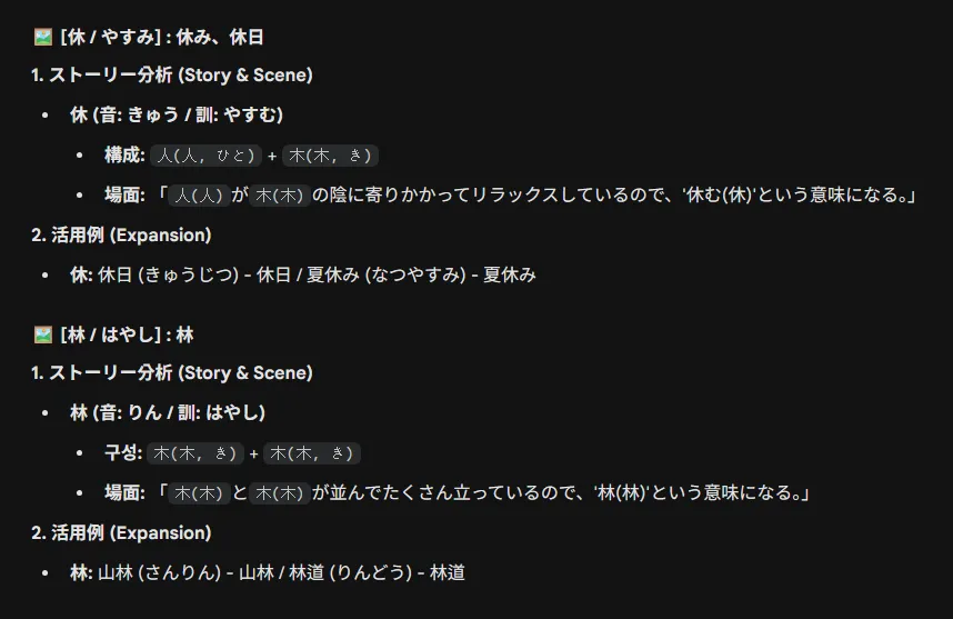 Example of story analysis for JLPT N2 Kanji study, showing the screen explaining the character Hayashi (Forest) where two trees gather