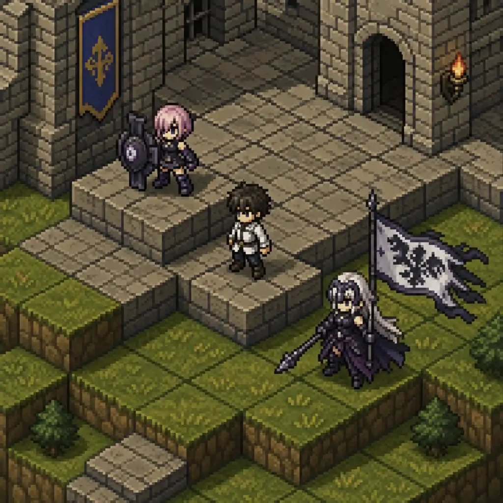 FGO 마슈와 마스터, 잔 다르크 얼터를 FFTactics풍 45도 이소메트릭 도트 캐릭터로 생성한 예시