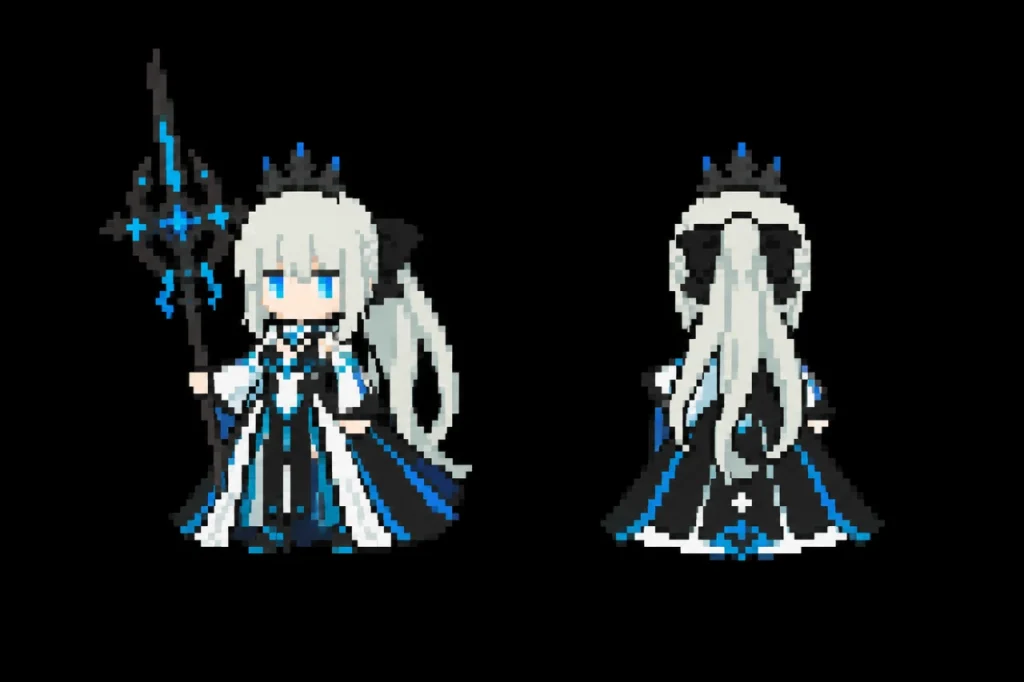 FGO 모르간 캐릭터를 16색 팔레트와 1픽셀 외곽선 조건으로 생성한 도트 캐릭터 테스트