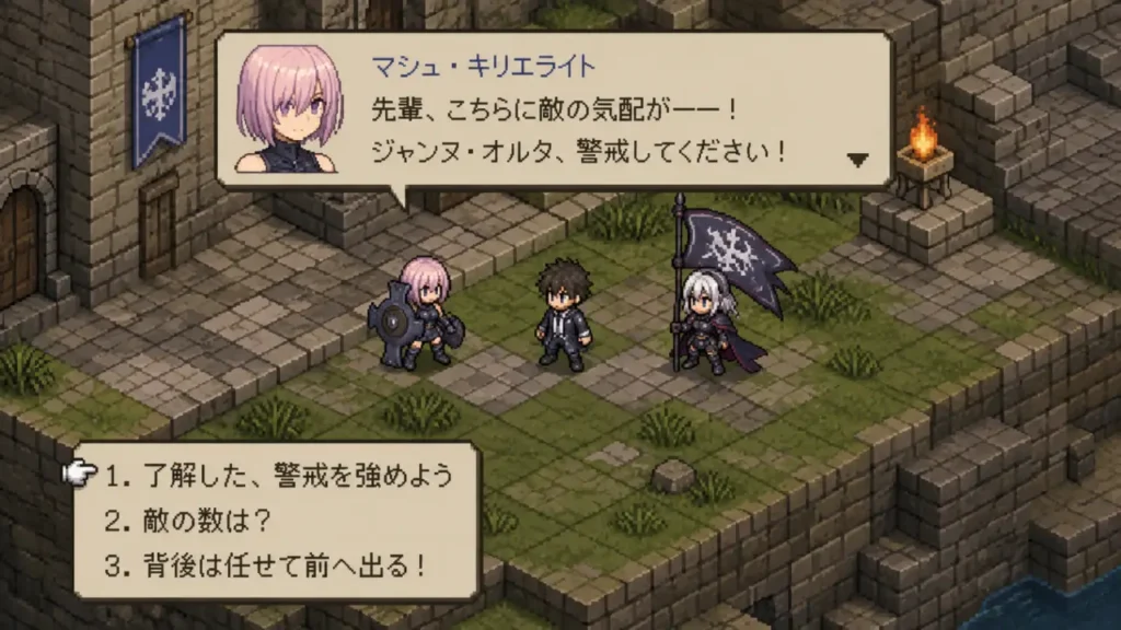고전 SRPG 대화 이벤트처럼 구성한 FGO 캐릭터 16비트 픽셀아트 장면