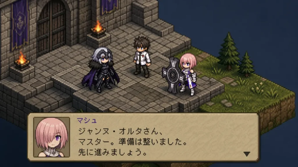 고전 SRPG 대화 이벤트처럼 구성한 FGO 캐릭터 16비트 픽셀아트 장면 두 번째 장면